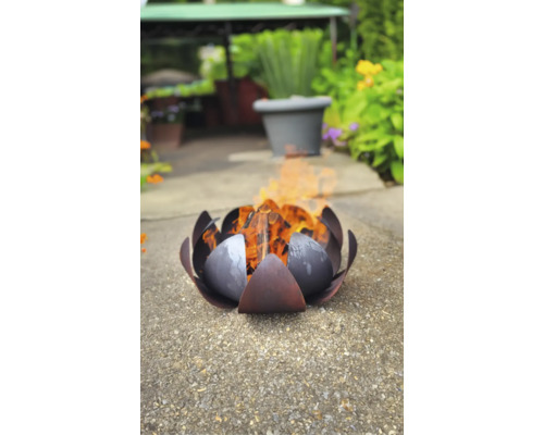 Foyer en forme de lotus avec des flammes dans le jardin