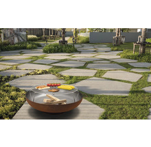 Chemin de jardin en dalles de pierre avec barbecue et grillades