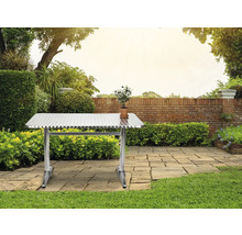 Scène de jardin avec une table pliante argentée et une plante en pot