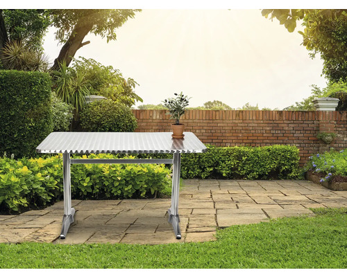 Scène de jardin avec une table pliante argentée et une plante en pot