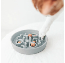 Gamelle grise avec structure de labyrinthe et nourriture pour chien, on voit une patte de chien.