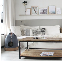 Salon avec canapé, table en bois et niche pour chat