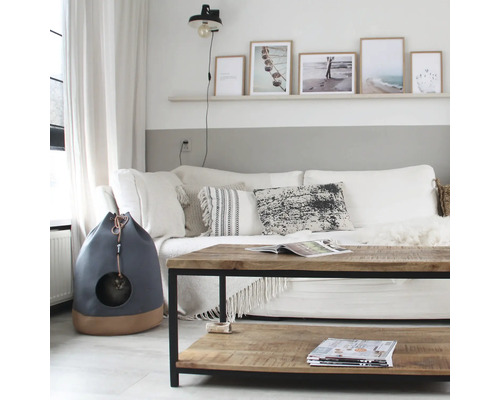 Salon avec canapé, table en bois et niche pour chat