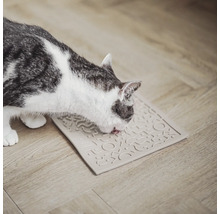 Chat mangeant sur un tapis d'alimentation structuré sur un plancher en bois