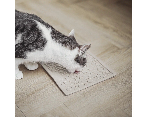 Chat mangeant sur un tapis d'alimentation structuré sur un plancher en bois