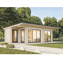 Abri de jardin moderne en bois avec de grandes fenêtres et une porte