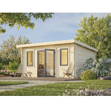 Maison de jardin en bois avec double porte et fenêtres dans le jardin