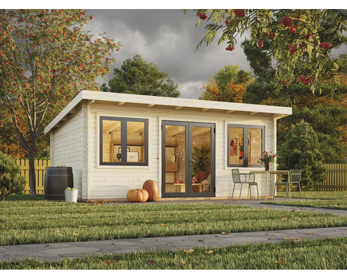 Maison de jardin en bois avec fenêtres et porte double dans le jardin