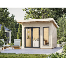 Jardin avec cabanon de jardin en bois moderne avec fenêtres et portes vitrées.