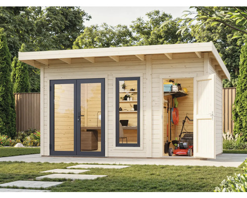 Abri de jardin en bois avec porte, fenêtre et outils de jardin à l'intérieur