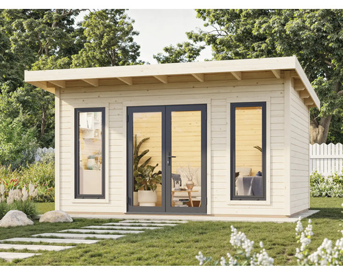 Abri de jardin moderne avec double porte et fenêtres dans le jardin.