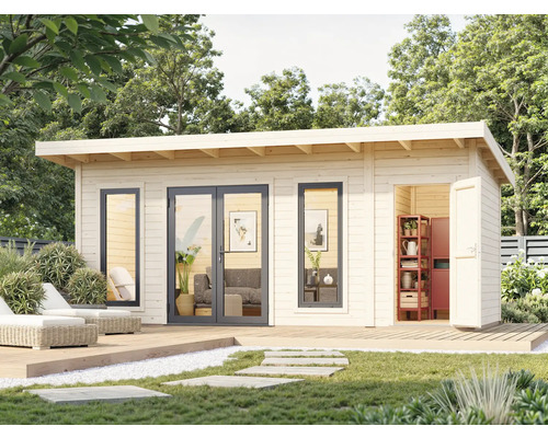 Maison de jardin en bois avec terrasse, double porte vitrée et fenêtre dans le jardin