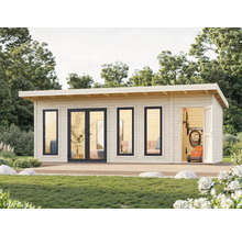 Abri de jardin en bois avec fenêtres et porte double