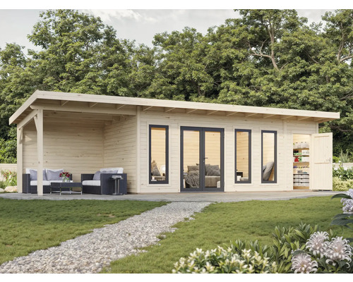 Abri de jardin en bois avec terrasse couverte, fenêtres et porte ouverte