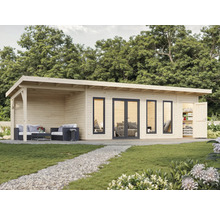 Maison de jardin en bois avec terrasse, fenêtres et étagères