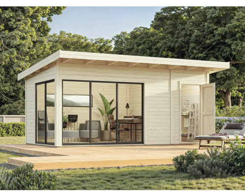 Abri de jardin moderne avec de grandes fenêtres et un plancher en bois