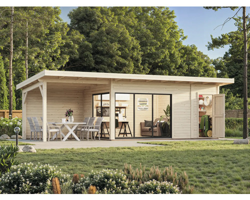 Abri de jardin moderne avec terrasse, portes coulissantes et remise à outils dans le jardin