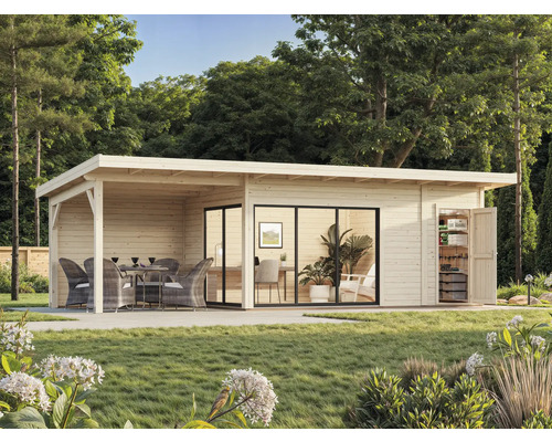 Abri de jardin en bois avec terrasse, fenêtre et porte de jardin dans le jardin