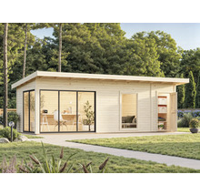 Maison de jardin en bois avec toit plat, grandes fenêtres et porte extérieure dans le jardin