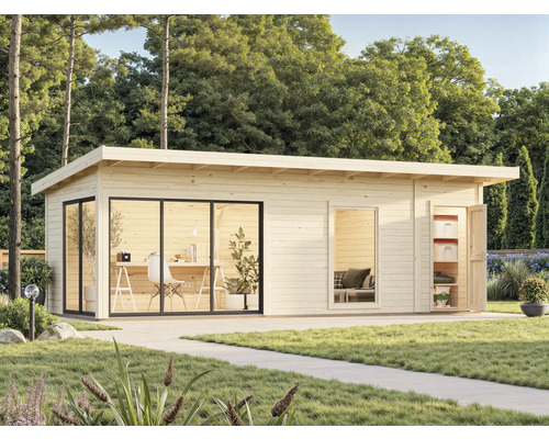 Abri de jardin en bois avec fenêtres et porte dans le jardin