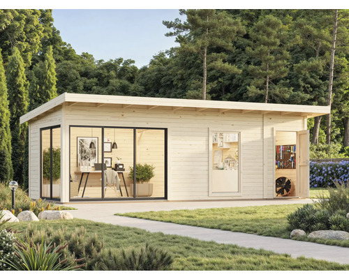 Abri de jardin avec équipement de bureau, outils et plantes dans un environnement verdoyant.