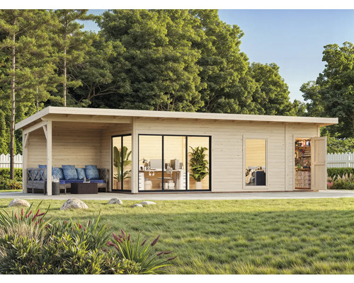 Maison de jardin en bois avec terrasse couverte, portes coulissantes et fenêtres pour jardin, bureau ou loisirs