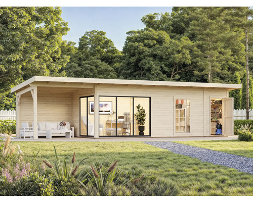 Maison de jardin moderne en bois avec terrasse, espace bureau et cabanon de rangement