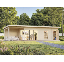 Abri de jardin en bois avec terrasse, bureau et remise à outils dans le jardin