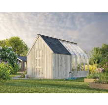 Holzgartenhaus mit Glasanbau und Schindeldach im Garten