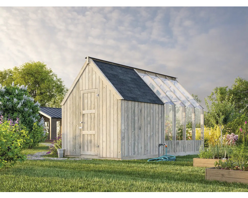 Holzgartenhaus mit Glasanbau und Schindeldach im Garten