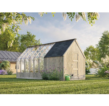 Garten Gewächshaus aus Holz und Glas mit Geräteschuppen im Garten