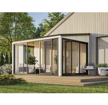 Maison de jardin moderne avec portes coulissantes et terrasse en bois