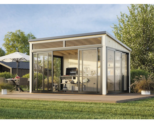 Abri de jardin moderne avec portes coulissantes et terrasse
