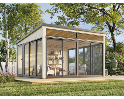 Abri de jardin avec portes coulissantes et plancher en bois dans le jardin