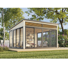 Abri de jardin avec portes coulissantes et barbecue sur une terrasse dans le jardin