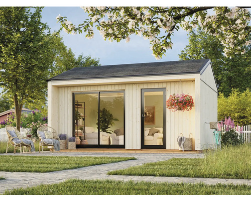 Abri de jardin avec porte coulissante et terrasse attenante dans le jardin.