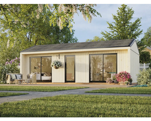 Pavillon de jardin moderne avec terrasse, sièges et végétation luxuriante