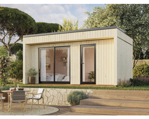 Maison de jardin moderne avec porte coulissante et terrasse extérieure dans un environnement naturel.