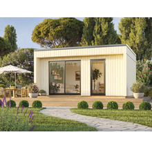 Abri de jardin moderne avec terrasse dans un jardin bien entretenu.