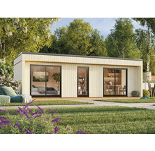 Maison de jardin moderne avec façade en bois et grandes baies vitrées