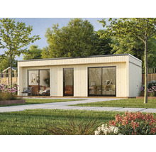 Maison de jardin moderne avec façade en bois et grandes baies vitrées