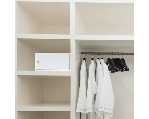 Armoire intégrée avec armoire à pharmacie intégrée, vêtements et cintres.