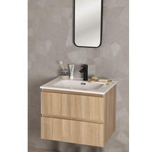Salle de bains avec meuble sous-lavabo, lavabo, miroir et accessoires de salle de bains.