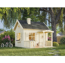 Cabane de jeu en bois avec véranda, fenêtres, jardinières et un tricycle dans le jardin.