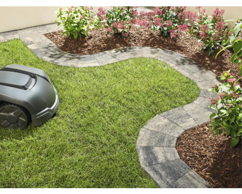 Scène avec robot tondeuse, pelouse et pavés comme bordure de chemin