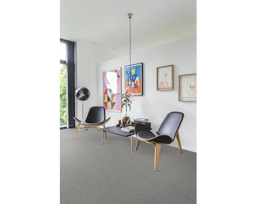 Wohnzimmer mit Teppichboden, Sesseln und Dekoration