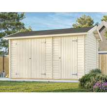 Abri de jardin en bois avec double porte et toit à deux pentes dans le jardin