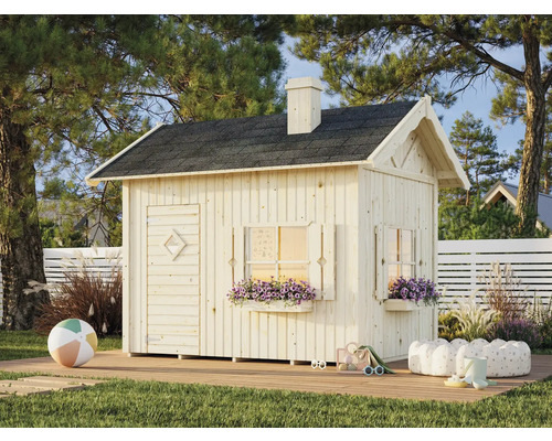 Cabane de jeu en bois avec toit et volets dans le jardin