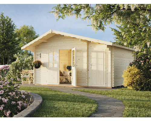 Abri de jardin en bois avec porte et fenêtre dans un jardin lumineux