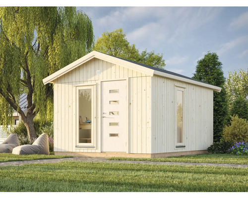 Abri de jardin avec murs en bois, fenêtres et porte dans le jardin